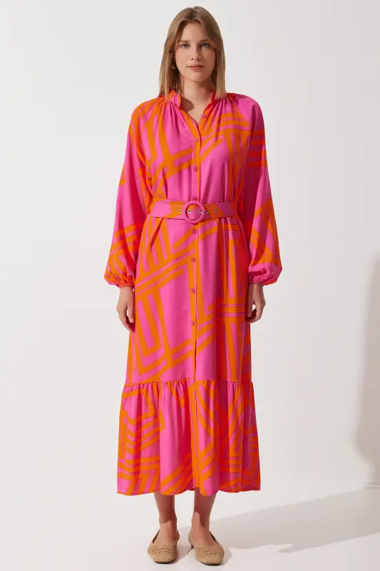 Kadın Oranj Kemerli Oversize Yazlık Viskon Elbise ZH00034 - Oranj - 4