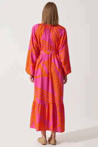 Kadın Oranj Kemerli Oversize Yazlık Viskon Elbise ZH00034 - Oranj - 6