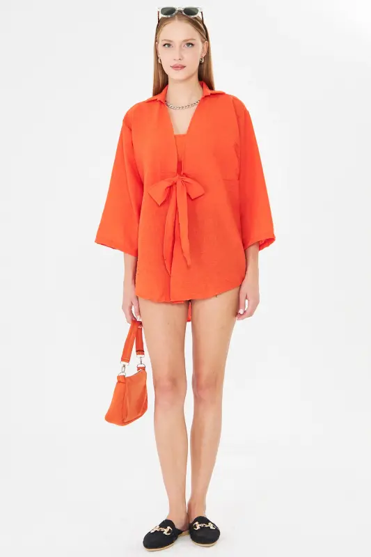 Kadın Oranj Kendinden Çizgili Önden Bağlamalı Kimono Gömlek ARM-24Y001101-Oranj - 3
