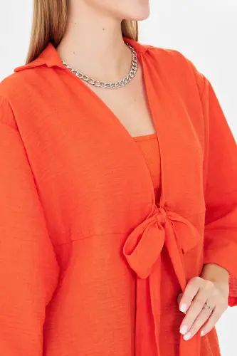 Kadın Oranj Kendinden Çizgili Önden Bağlamalı Kimono Gömlek ARM-24Y001101-Oranj - 4