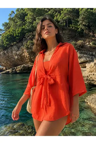 Kadın Oranj Kendinden Çizgili Önden Bağlamalı Kimono Gömlek ARM-24Y001101 - Oranj 
