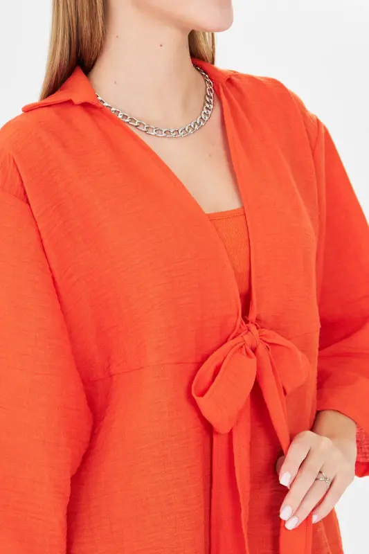 Kadın Oranj Kendinden Çizgili Önden Bağlamalı Kimono Gömlek ARM-24Y001101-Oranj - 4