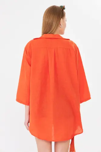 Kadın Oranj Kendinden Çizgili Önden Bağlamalı Kimono Gömlek ARM-24Y001101-Oranj - 5