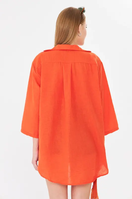 Kadın Oranj Kendinden Çizgili Önden Bağlamalı Kimono Gömlek ARM-24Y001101-Oranj - 5
