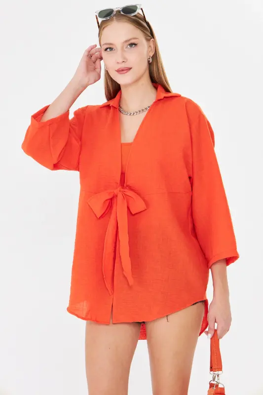 Kadın Oranj Kendinden Çizgili Önden Bağlamalı Kimono Gömlek ARM-24Y001101 - Oranj - 2