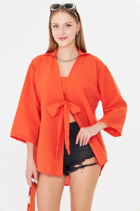 Kadın Oranj Kendinden Çizgili Önden Bağlamalı Kimono Gömlek ARM-24Y001101 - Oranj - 3