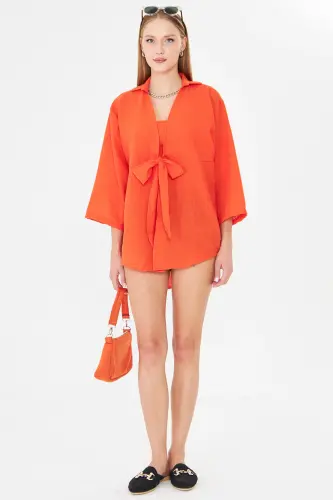 Kadın Oranj Kendinden Çizgili Önden Bağlamalı Kimono Gömlek ARM-24Y001101 - Oranj - 4
