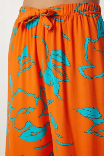 Kadın Oranj Mavi Desenli Dökümlü Viskon Palazzo Pantolon EN00606-Oranj Mavi - 4