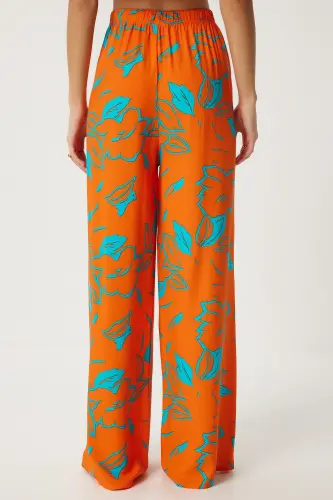 Kadın Oranj Mavi Desenli Dökümlü Viskon Palazzo Pantolon EN00606-Oranj Mavi - 5