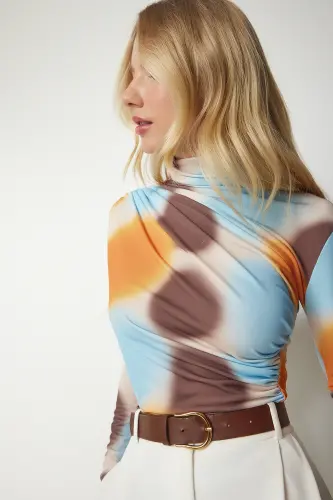Kadın Oranj Mavi Drapeli Dik Yaka Sandy Bluz FF00138 - Oranj Mavi - 4