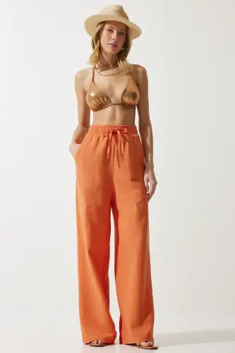 Kadın Oranj Müslin Palazzo Pantolon MX00160 - Oranj 