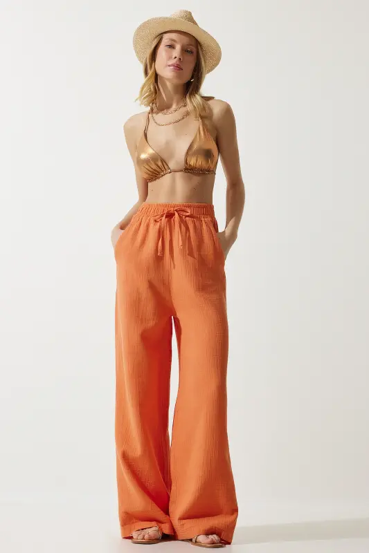 Kadın Oranj Müslin Palazzo Pantolon MX00160 - Oranj - 2