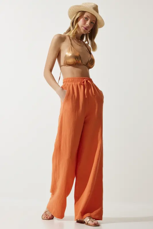 Kadın Oranj Müslin Palazzo Pantolon MX00160 - Oranj - 3