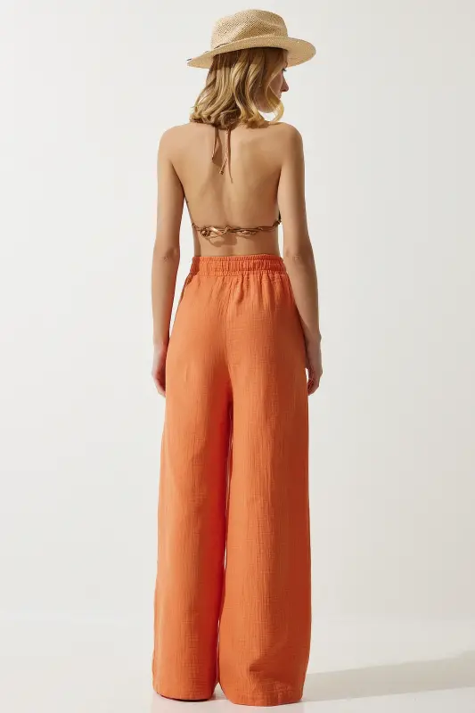 Kadın Oranj Müslin Palazzo Pantolon MX00160 - Oranj - 6