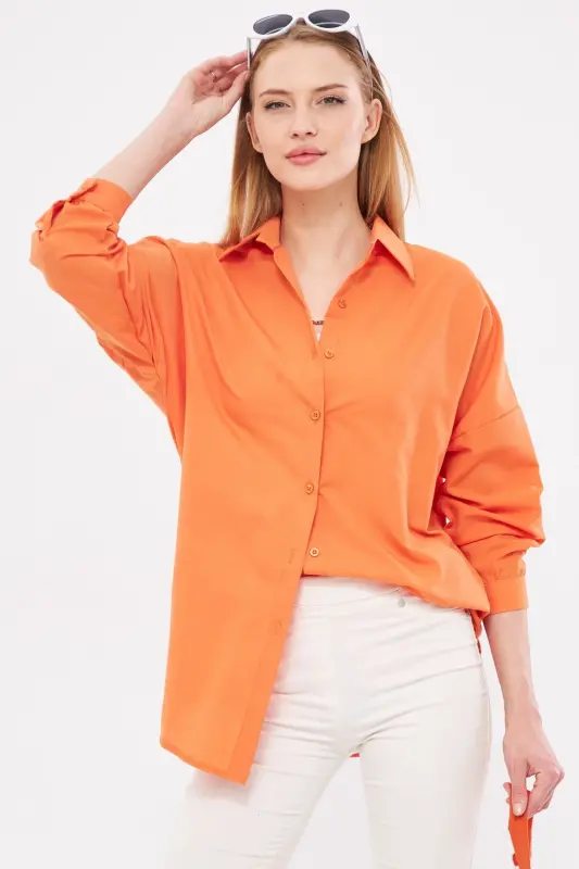 Kadın Oranj Oversize Uzun Basic Gömlek ARM-22Y001118-Oranj - ARMONIKA