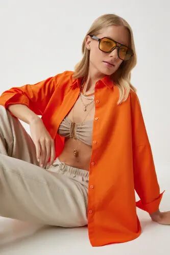 Kadın Oranj Oversize Uzun Basic Gömlek DD00842 - Oranj - 1