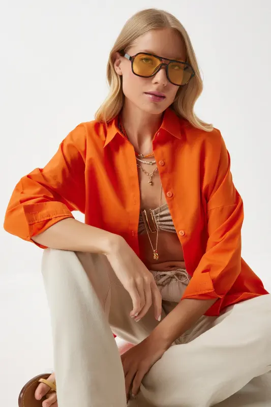Kadın Oranj Oversize Uzun Basic Gömlek DD00842 - Oranj - 2