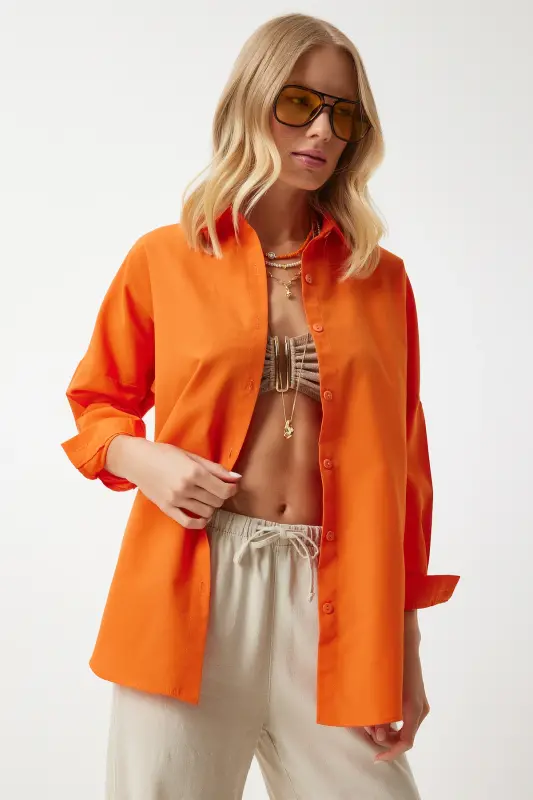 Kadın Oranj Oversize Uzun Basic Gömlek DD00842 - Oranj - 3