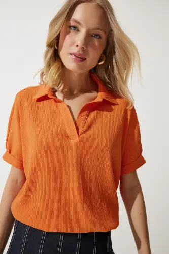 Kadın Oranj Polo Yaka Örme Krinkıl Bluz DD01299-Oranj - 1