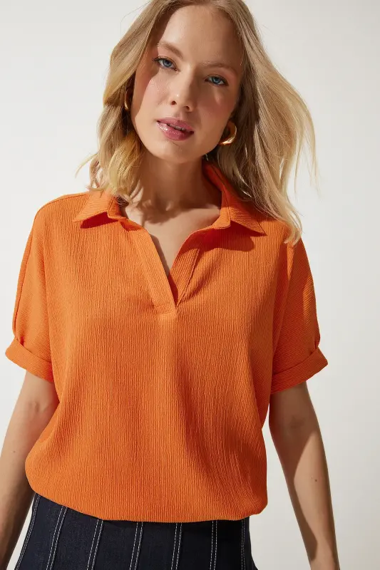 Kadın Oranj Polo Yaka Örme Krinkıl Bluz DD01299-Oranj - 1