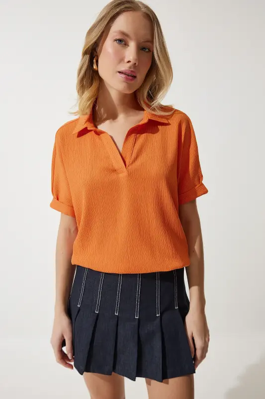 Kadın Oranj Polo Yaka Örme Krinkıl Bluz DD01299-Oranj - 2