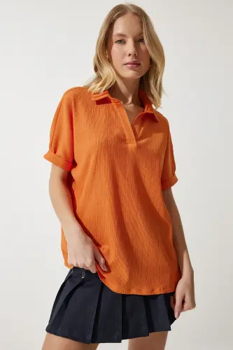 Kadın Oranj Polo Yaka Örme Krinkıl Bluz DD01299-Oranj - 3