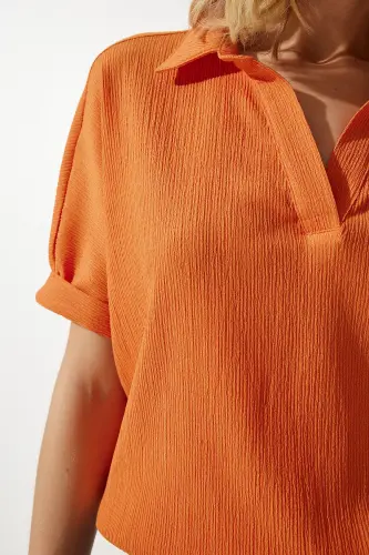 Kadın Oranj Polo Yaka Örme Krinkıl Bluz DD01299-Oranj - 4