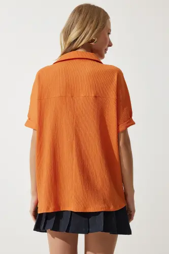 Kadın Oranj Polo Yaka Örme Krinkıl Bluz DD01299-Oranj - 5