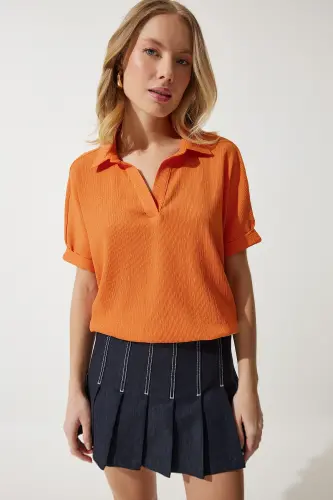 Kadın Oranj Polo Yaka Örme Krinkıl Bluz DD01299-Oranj - HAPPINESS İSTANBUL (1)