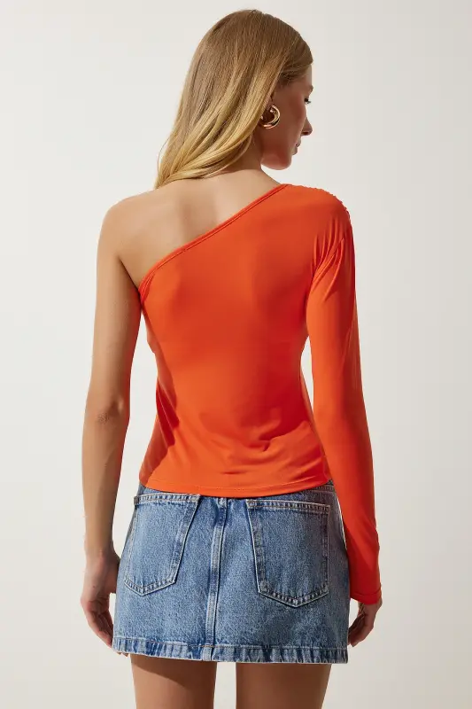 Kadın Oranj Tek Omuz Büzgü Detaylı Örme Bluz ZH00032 - Oranj - 5
