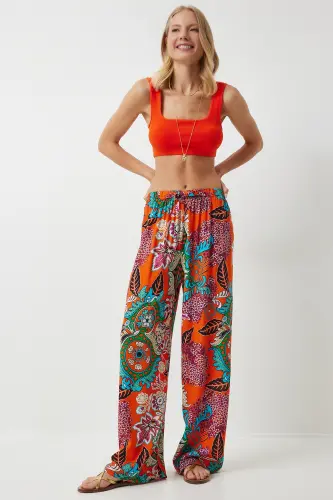 Kadın Oranj Turkuaz Desenli Dökümlü Viskon Palazzo Pantolon EN00606-Oranj Turkuaz - HAPPINESS İSTANBUL (1)
