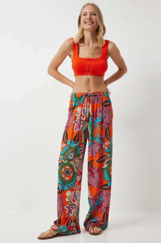 Kadın Oranj Turkuaz Desenli Dökümlü Viskon Palazzo Pantolon EN00606-Oranj Turkuaz - 2
