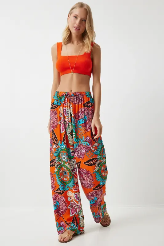Kadın Oranj Turkuaz Desenli Dökümlü Viskon Palazzo Pantolon EN00606-Oranj Turkuaz - 3