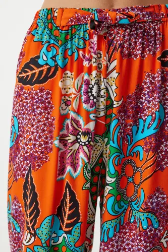 Kadın Oranj Turkuaz Desenli Dökümlü Viskon Palazzo Pantolon EN00606-Oranj Turkuaz - 5