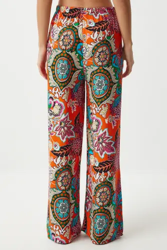 Kadın Oranj Turkuaz Desenli Dökümlü Viskon Palazzo Pantolon EN00606-Oranj Turkuaz - 6