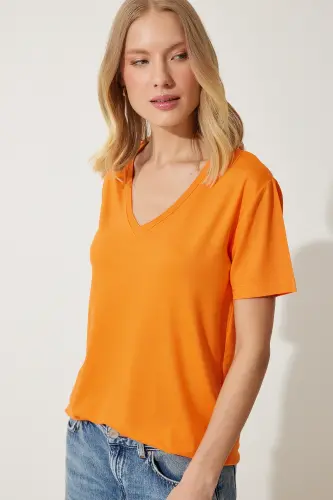 Kadın Oranj V Yaka Basic Viskon Örme T-Shirt EN00613-Oranj 