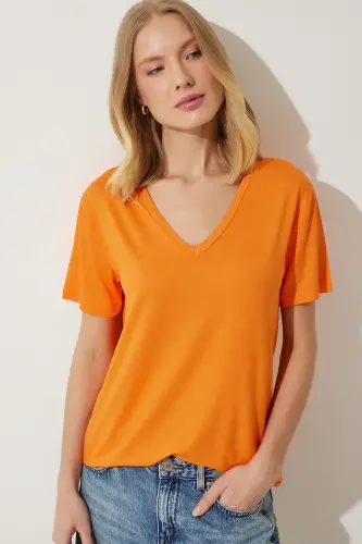 Kadın Oranj V Yaka Basic Viskon Örme T-Shirt EN00613 - Oranj - 3