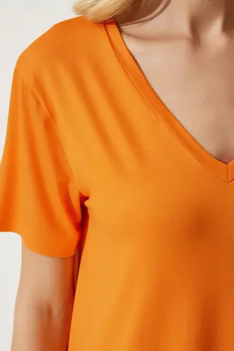 Kadın Oranj V Yaka Basic Viskon Örme T-Shirt EN00613 - Oranj - 4