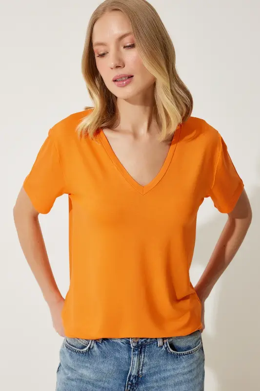 Kadın Oranj V Yaka Basic Viskon Örme T-Shirt EN00613-Oranj - 2