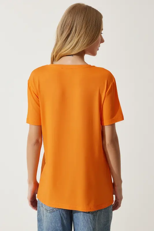 Kadın Oranj V Yaka Basic Viskon Örme T-Shirt EN00613-Oranj - 5