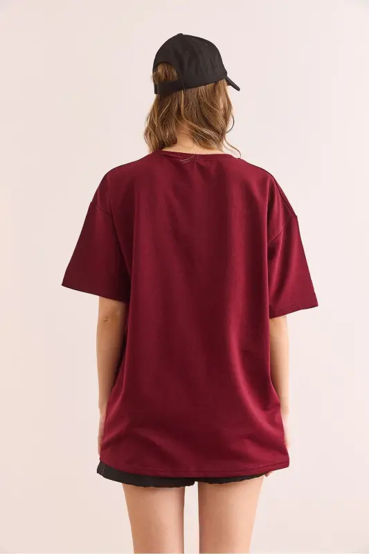 Kadın Ördek Bordo Nakış Detaylı Rahat Kalıp Tişört TSH-19000840 - Ördek Bordo - 6