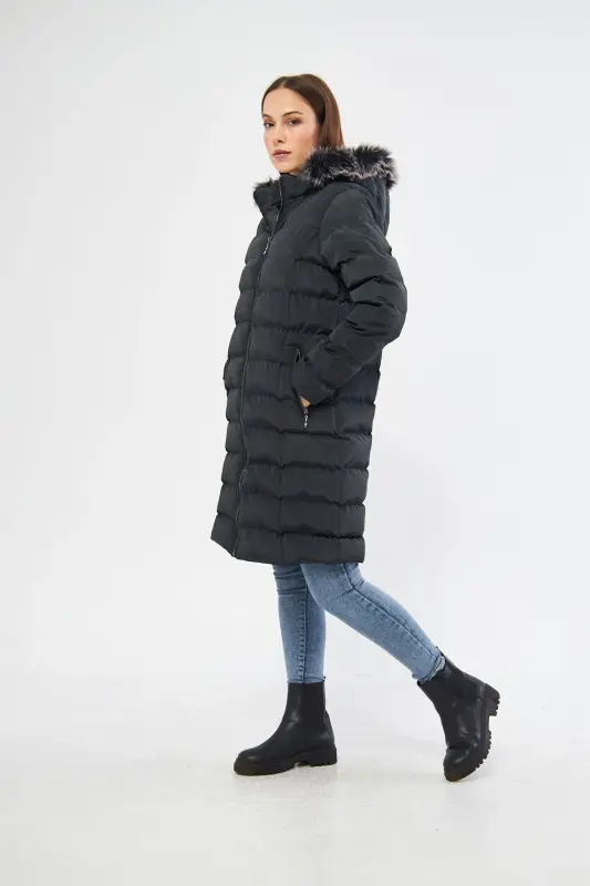 Kadın Orman Yeşili Şişme Uzun Mont Kaban Parka-Orman Yeşili - 5