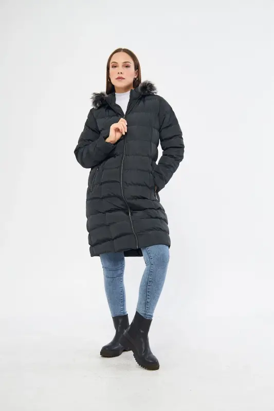 Kadın Orman Yeşili Şişme Uzun Mont Kaban Parka-Orman Yeşili - 7