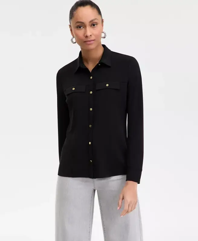 Women's Knit Utility Shirt, Exclusively at Modazone - Deep Black - 1