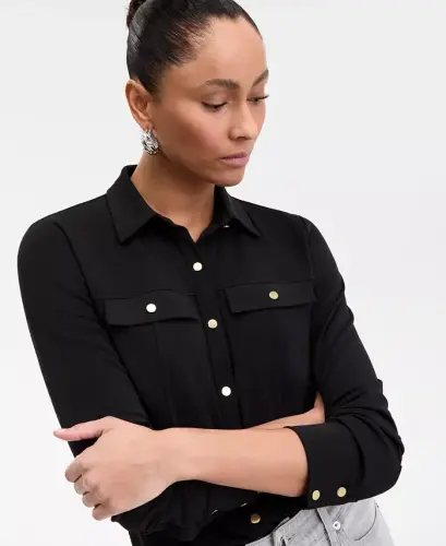 Women's Knit Utility Shirt, Exclusively at Modazone - Deep Black - 3