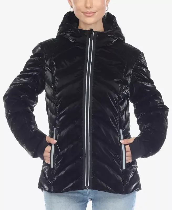 Women's Midweight Quilted Contrast with Thumbholes Hooded Jacket - Black - 1