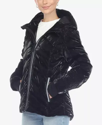 Women's Midweight Quilted Contrast with Thumbholes Hooded Jacket - Black - 3