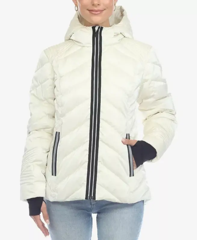 Women's Midweight Quilted Contrast with Thumbholes Hooded Jacket - White - 1