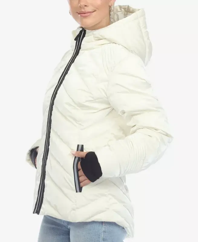 Women's Midweight Quilted Contrast with Thumbholes Hooded Jacket - White - 3