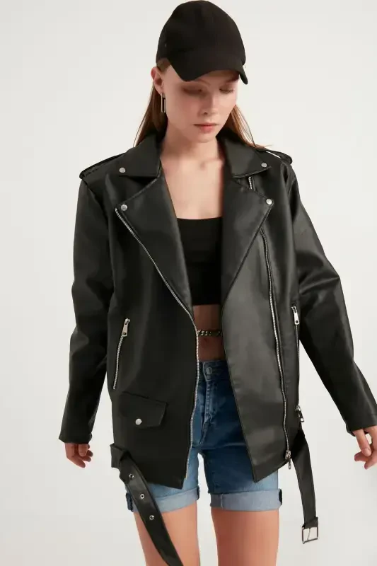 Kadın Oversize Biker Deri Ceket-SİYAH - MEECY